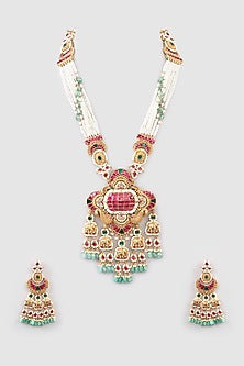Gold Finish Kundan Polki & Pearl Long Necklace Set