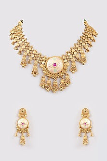 Gold Finish Meenakari Temple Necklace Set