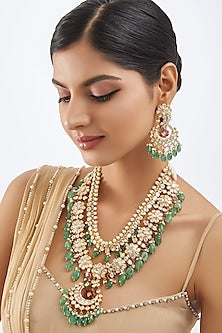 Gold Finish Moissanite Polki & Green Drop Long Necklace Set In Sterling Silver
