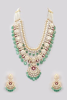 Gold Finish Moissanite Polki & Green Drop Long Necklace Set In Sterling Silver