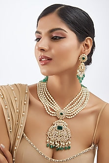 Gold Finish Moissanite Polki & Green Drop Long Necklace Set In Sterling Silver