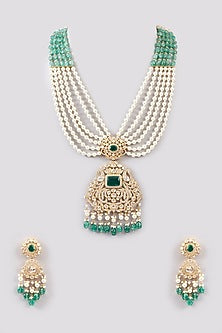 Gold Finish Moissanite Polki & Green Drop Long Necklace Set In Sterling Silver