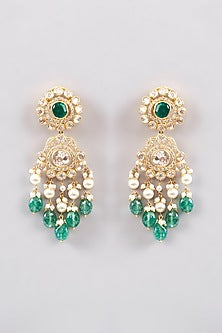 Gold Finish Moissanite Polki & Green Drop Long Necklace Set In Sterling Silver