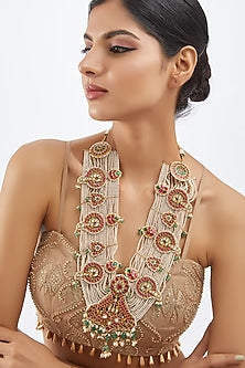 Gold Finish Kundan Polki & Pearl Long Necklace In Sterling Silver