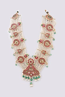 Gold Finish Kundan Polki & Pearl Long Necklace In Sterling Silver