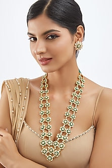 Gold Finish Moissanite Polki & Green Stone Long Necklace Set In Sterling Silver