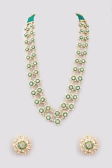 Gold Finish Moissanite Polki & Green Stone Long Necklace Set In Sterling Silver