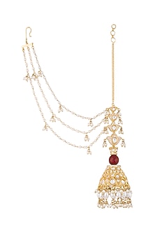Gold Finish Faux Diamonds & Stone Jhumka Earrings WIth Kan Chain