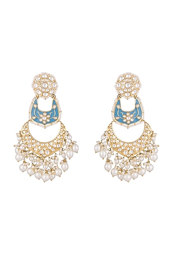 Gold Finish Kundan & Pearls Enameled Earrings