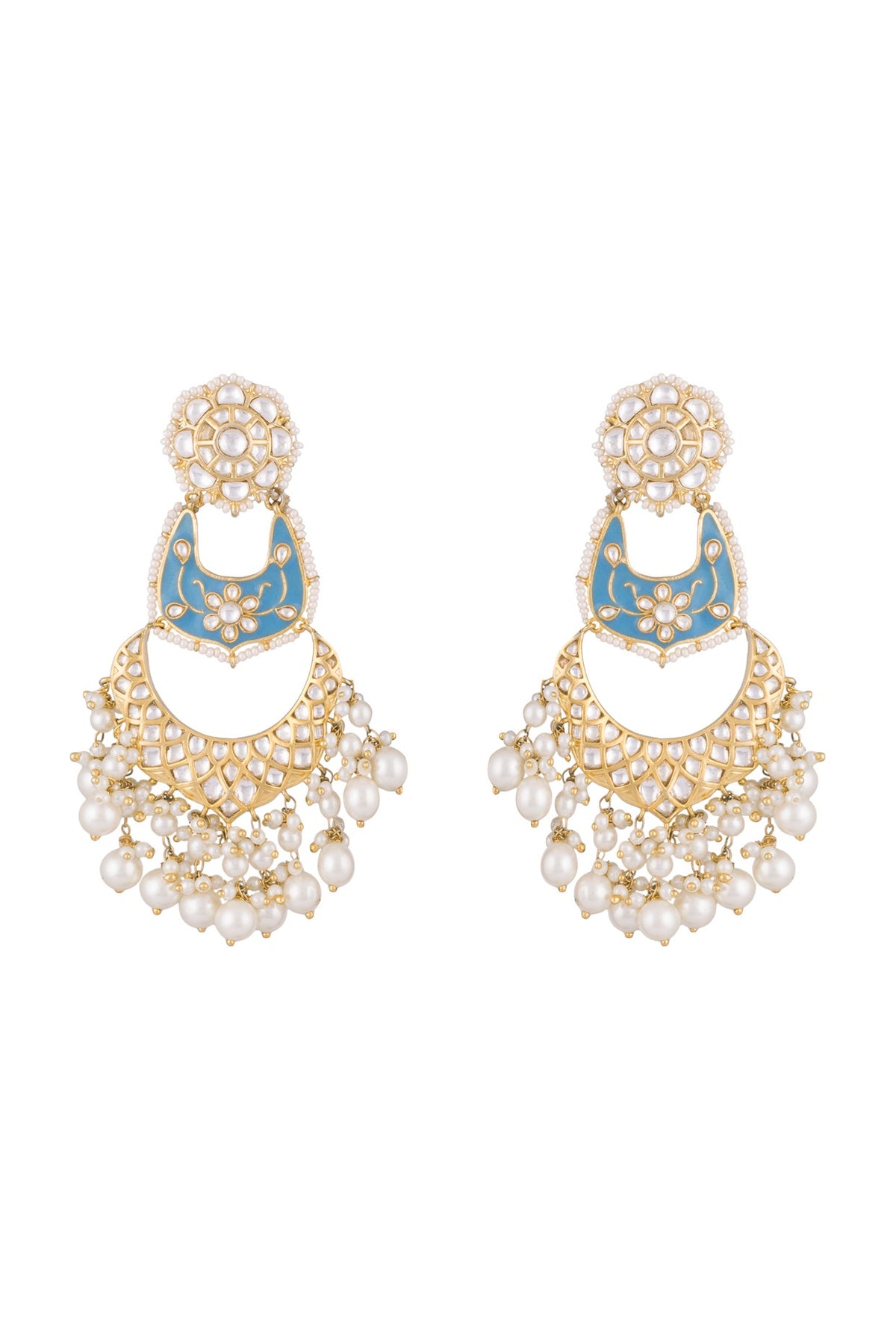 Gold Finish Kundan & Pearls Enameled Earrings