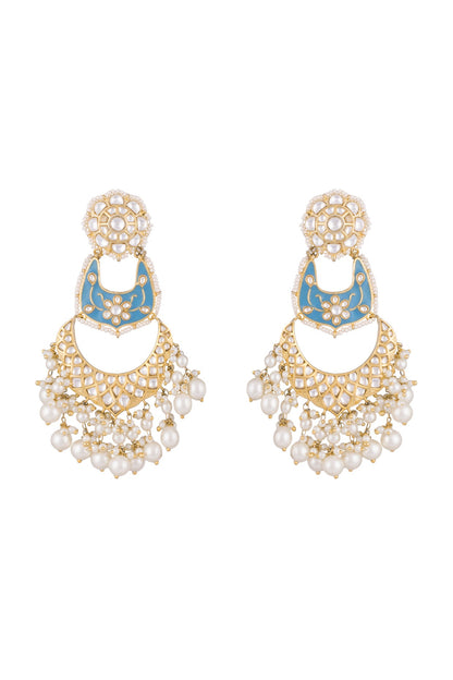 Gold Finish Kundan & Pearls Enameled Earrings