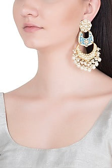 Gold Finish Kundan & Pearls Enameled Earrings