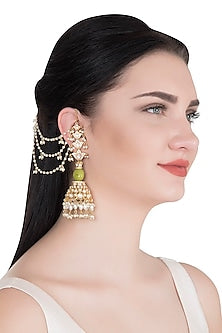 Gold Finish Jhumka Earrings With Kan Chain