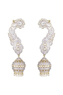 Gold Finish CZ Diamonds & Kundan Long Jhumka Earrings
