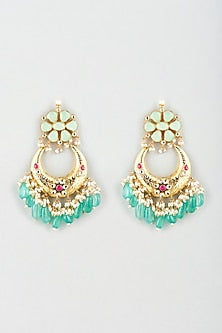 Gold Finish Earrings With Green Drops