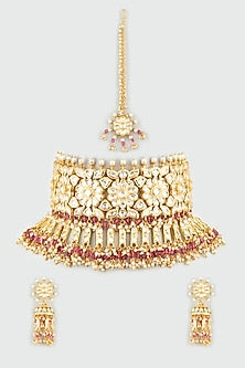 Gold Finish Kundan Polki Choker Necklace Set