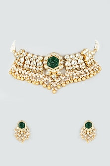 Gold Finish Kundan Polki & Green Stone Choker Necklace Set