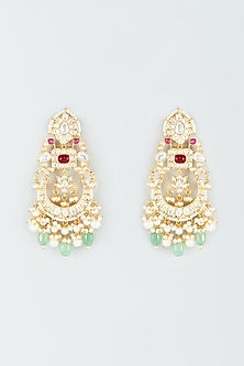 Gold Finish Kundan Polki & Green Drop Chandbaali Earrings