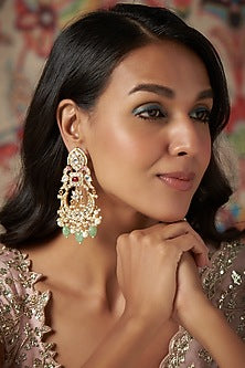 Gold Finish Kundan Polki & Green Drop Chandbaali Earrings