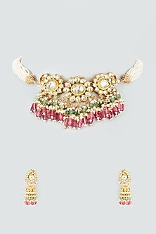 Gold Finish Kundan Polki & Drop Choker Necklace Set