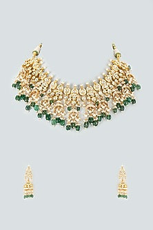 Gold Finish Kundan Polki & Green Drop Necklace Set