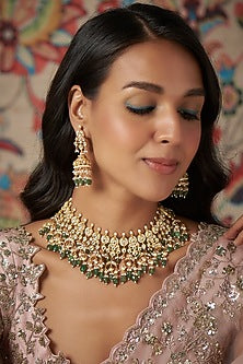 Gold Finish Kundan Polki & Green Drop Necklace Set