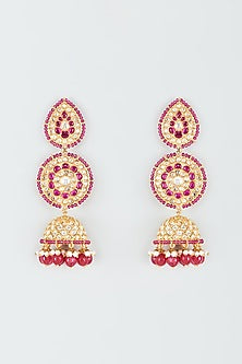 Gold Finish Kundan Polki & Red Stone Jhumka Earrings