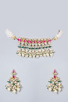 Gold Finish Choker Necklace Set With Kundan Polki