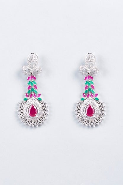 White Finish Pink Stone Earrings