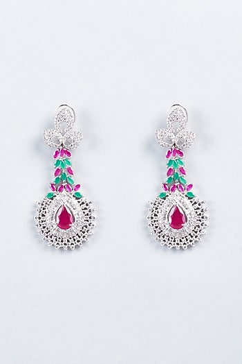 White Finish Pink Stone Earrings