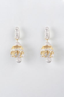 Two Tone Finish Zircons Jhumka Earrings