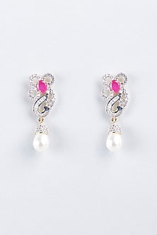 Two Tone Finish Pink Stone Pendant With Earrings