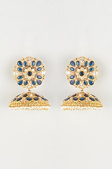 Gold Finish Navy Blue & White Stone Jhumka Earrings