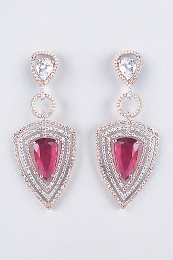 Rose Gold Finish Zircon & Red Stone Dangler Earrings