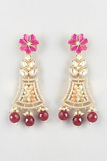 Gold Finish Kundan Polki & Red Stone Dangler Earrings
