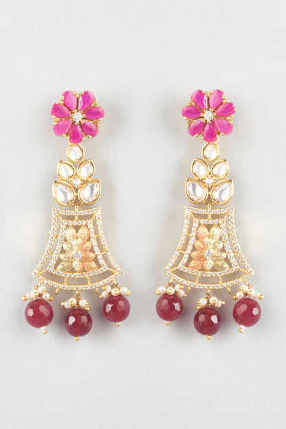 Gold Finish Kundan Polki & Red Stone Dangler Earrings