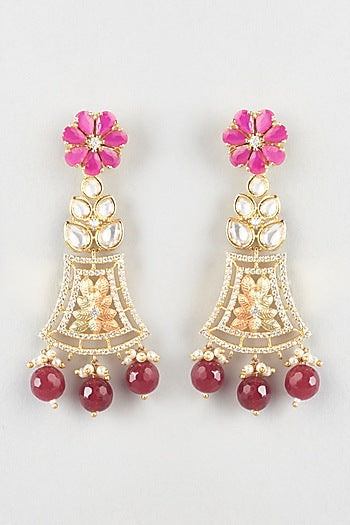 Gold Finish Kundan Polki & Red Stone Dangler Earrings