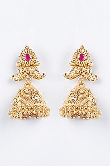 Gold Finish Red Stone Jhumka Earrings
