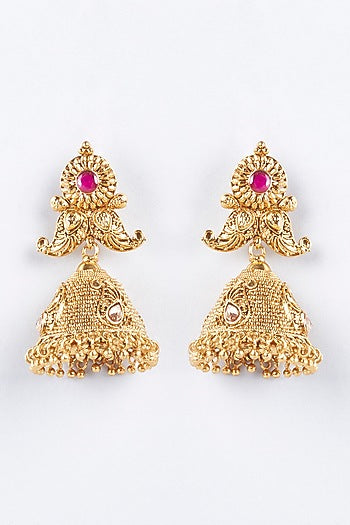 Gold Finish Red Stone Jhumka Earrings