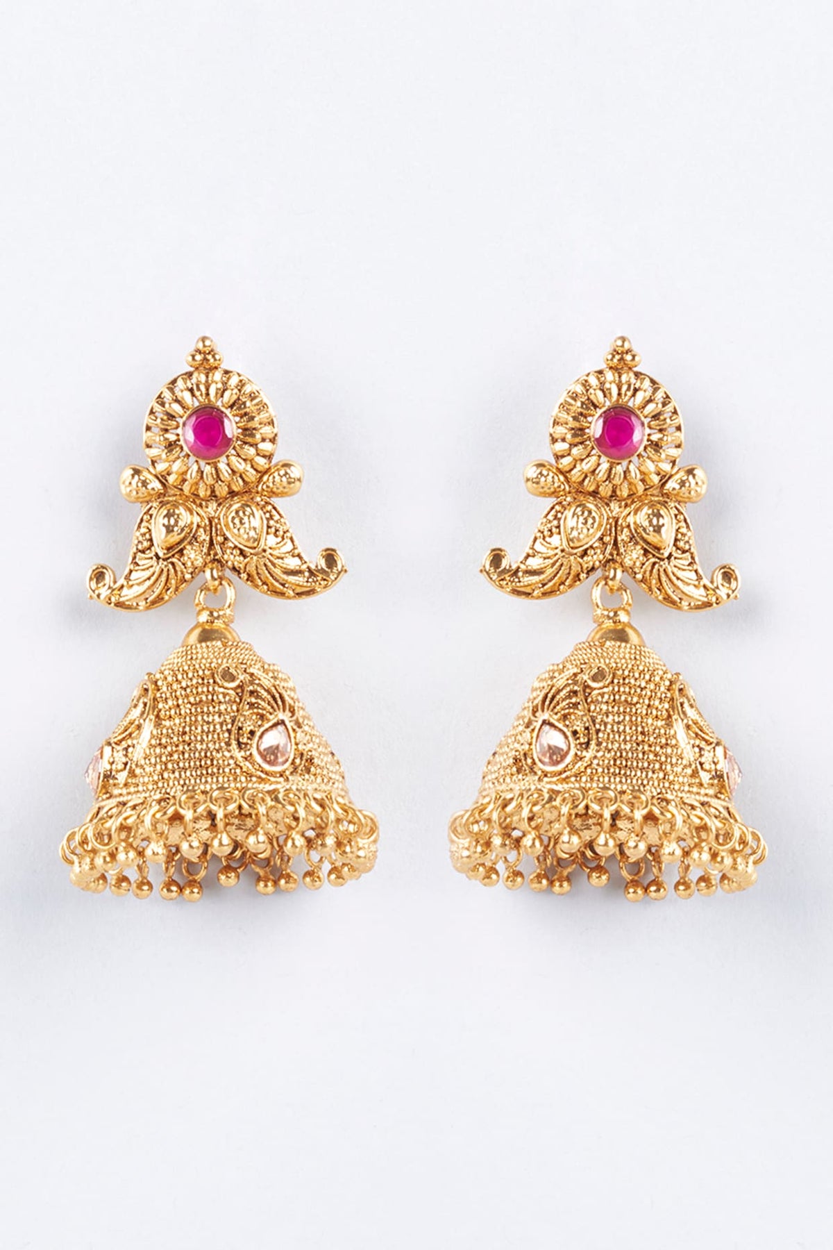 Gold Finish Red Stone Jhumka Earrings