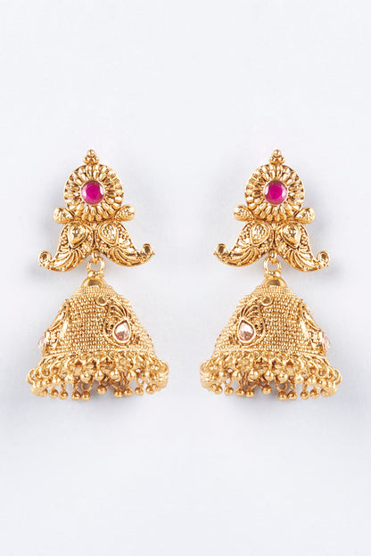 Gold Finish Red Stone Jhumka Earrings