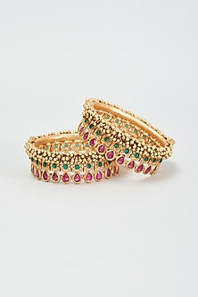 Gold Finish Red & Green Stone Bangles (Set Of 2)