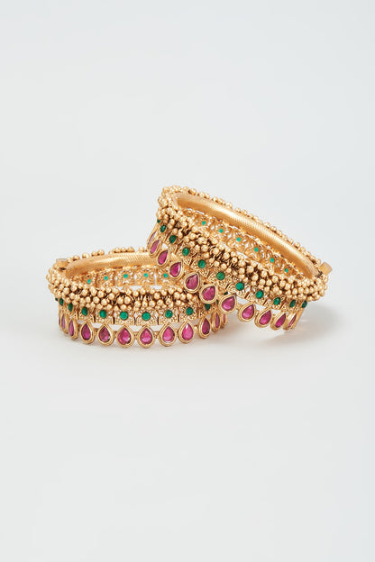 Gold Finish Red & Green Stone Bangles (Set Of 2)