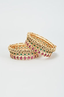 Gold Finish Red & Green Stone Bangles (Set Of 2)