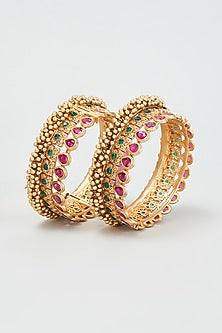 Gold Finish Red & Green Stone Bangles (Set Of 2)