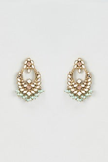 Gold Finish Mirror & Green Drop Dangler Earrings With Maangtikka