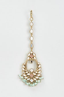 Gold Finish Mirror & Green Drop Dangler Earrings With Maangtikka