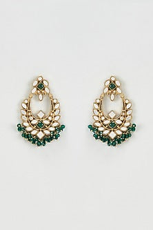 Gold Finish Mirror & Green Drop Dangler Earrings With Maangtikka