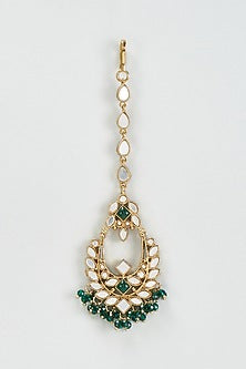 Gold Finish Mirror & Green Drop Dangler Earrings With Maangtikka
