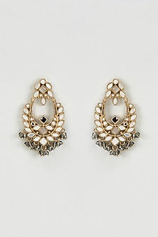 Gold Finish Mirror & Grey Drop Dangler Earrings With Maangtikka